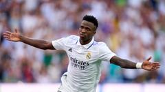 MADRID, SPAIN - SEPTEMBER 11: Vinicius Junior of Real Madrid CF celebrates after scoring their side's second goal during the LaLiga Santander match between Real Madrid CF and RCD Mallorca at Estadio Santiago Bernabeu on September 11, 2022 in Madrid, Spain. (Photo by Angel Martinez/Getty Images)