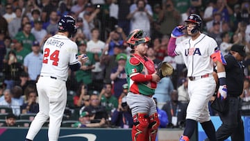 Mar 9, 2026; Houston, TX, United States; United States outfielder Aaron Judge (99) celebrates a home run in the third inning against Mexico at Daikin Park. Mandatory Credit: Troy Taormina-Imagn Images