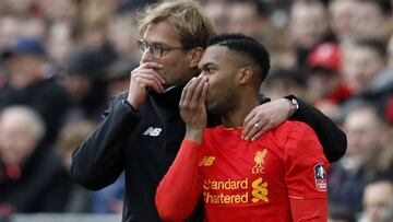 Britain Football Soccer - Liverpool v Wolverhampton Wanderers - FA Cup Fourth Round - Anfield - 28/1/17 Liverpool's Daniel Sturridge with Liverpool manager Juergen Klopp before coming on as a substitute Reuters / Phil Noble Livepic EDITORIAL USE ONLY