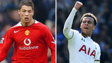 Cristiano Ronaldo, con 21 años, y Dele Alli, en el último partido del Tottenham celebrando un gol al Watford.
