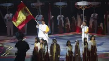 Un joven ondea la bandera espa&ntilde;ola durante la ceremonia inaugural del Mundial de balonmano Qatar 2015.