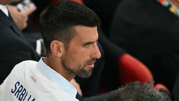 Serbia's tennis player Novak Djokovic attends the UEFA Euro 2024 Group C football match between Denmark and Serbia at the Munich Football Arena in Munich on June 25, 2024. (Photo by Fabrice COFFRINI / AFP)