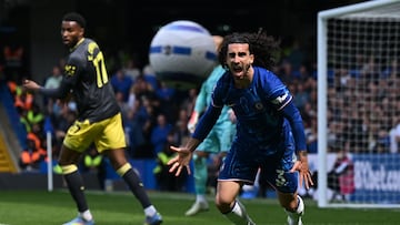 Chelsea's Spanish defender #03 Marc Cucurella reacts during the English Premier League football match between Chelsea and Everton at Stamford Bridge in London on April 26, 2025. (Photo by JUSTIN TALLIS / AFP) / RESTRICTED TO EDITORIAL USE. No use with unauthorized audio, video, data, fixture lists, club/league logos or 'live' services. Online in-match use limited to 120 images. An additional 40 images may be used in extra time. No video emulation. Social media in-match use limited to 120 images. An additional 40 images may be used in extra time. No use in betting publications, games or single club/league/player publications. /