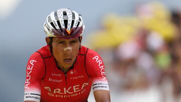 (FILES) In this file photo taken on July 13, 2022 Team Arkea-Samsic team's Colombian rider Nairo Quintana cycles in the final meters to the finish line of the 11th stage of the 109th edition of the Tour de France cycling race, 151,7 km between Albertville and Col du Granon Serre Chevalier, in the French Alps. - Team Arkea-Samsic team's Colombian rider Nairo Quintana was disqualified from the 2022 Tour de France cycling race, in which he had finished in overall sixth place, for a medical infraction, the International Cycling Union (UCI) announced on August 17, 2022. UCI reports that Quintana was disqualified for the use of banned susbtance tramadol, though it does not violate anti-doping regulations. (Photo by Thomas SAMSON / AFP)