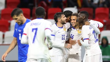 Soccer Football - UEFA Nations League - Group A2 - Israel v France - Bozsik Arena, Budapest, Hungary - October 10, 2024 France's Matteo Guendouzi celebrates scoring their third goal with teammates REUTERS/Bernadett Szabo
