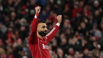 Soccer Football - FA Cup - Fourth Round - Liverpool v Brighton & Hove Albion - Anfield, Liverpool, Britain - February 14, 2026 Liverpool's Mohamed Salah celebrates scoring their third goal REUTERS/Phil Noble