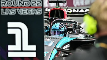 Mercedes' British driver George Russell wins the pole position during the qualifying session for the Las Vegas Formula One Grand Prix in Las Vegas, Nevada on November 22, 2024. (Photo by Frederic J. Brown / AFP)
