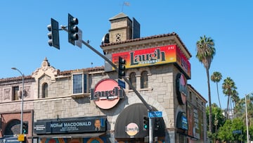 HOLLYWOOD, CA - SEPTEMBER 14: The Laugh Factory in Hollywood honors Norm Macdonald on their marquee with the message 'Rest In Peace Make God Laugh' after the announcement of the comedian's death on September 14, 2021 in Hollywood, Californi