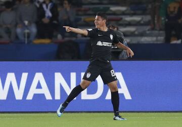 Pachuca's Roberto De La Rosa celebrates after scoring his side's third goal during the Club World Cup third place soccer match between Al Jazira and CF Pachuca at Zayed Sports City stadium in Abu Dhabi, United Arab Emirates, Saturday, Dec. 16, 2017. (AP Photo/Hassan Ammar)