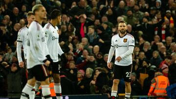 LIVERPOOL, ENGLAND - MARCH 05:  Luke Shaw of Manchester United looks on during the Premier League match between Liverpool FC and Manchester United at Anfield on March 5, 2023 in Liverpool, United Kingdom. (Photo by Ash Donelon/Manchester United via Getty Images)