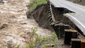 High water levels in the Gardner River erode Yellowstone National Park's North Entrance Road, where the park was closed due to heavy flooding, rockslides, extremely hazardous conditions near Gardiner, Montana, U.S. June 13, 2022. National Park Service/Handout via REUTERS. THIS IMAGE HAS BEEN SUPPLIED BY A THIRD PARTY.