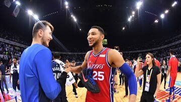 SHENZHEN, CHINA - OCTOBER 8: Ben Simmons #25 of the Philadelphia 76ers and Luka Doncic #77 of the Dallas Mavericks as part of the 2018 NBA China Games on October 8, 2018 at the Shenzhen Universiade Center in Shenzhen, China. NOTE TO USER: User expressly acknowledges and agrees that, by downloading and/or using this photograph, user is consenting to the terms and conditions of the Getty Images License Agreement. Mandatory Copyright Notice: Copyright 2018 NBAE (Photo by Jesse D. Garrabrant/NBAE via Getty Images)