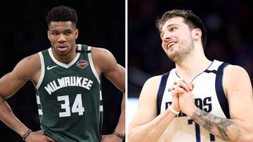 Giannis Antetokounmpo, de los Milwaukee Bucks de la NBA, a la izquierda y Luka Doncic, de los Dallas Mavericks, a la derecha