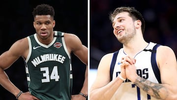 Giannis Antetokounmpo, de los Milwaukee Bucks de la NBA, a la izquierda y Luka Doncic, de los Dallas Mavericks, a la derecha