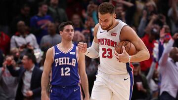 DETROIT, MI - OCTOBER 23: Blake Griffin #23 of the Detroit Pistons celebrates a 133-132 overtime win over the Philadelphia 76ers at Little Caesars Arena on October 23, 2018 in Detroit, Michigan. NOTE TO USER: User expressly acknowledges and agrees that, by downloading and or using this photograph, User is consenting to the terms and conditions of the Getty Images License Agreement.   Gregory Shamus/Getty Images/AFP
 == FOR NEWSPAPERS, INTERNET, TELCOS &amp; TELEVISION USE ONLY ==