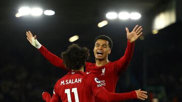 Soccer Football - Premier League - Leeds United v Liverpool - Elland Road, Leeds, Britain - April 17, 2023 Liverpool's Mohamed Salah celebrates scoring their fourth goal with Cody Gakpo REUTERS/Molly Darlington EDITORIAL USE ONLY. No use with unauthorized audio, video, data, fixture lists, club/league logos or 'live' services. Online in-match use limited to 75 images, no video emulation. No use in betting, games or single club /league/player publications. Please contact your account representative for further details. TPX IMAGES OF THE DAY