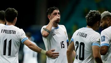 Uruguay's midfielder #15 Federico Valverde celebrates after scoring during the 2026 FIFA World Cup South American qualifiers football match between Brazil and Uruguay at the Arena Fonte Nova stadium in Salvador, Brazil, on November 19, 2024. (Photo by Arisson MARINHO / AFP)