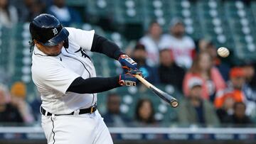 DETROIT, MI - APRIL 29: Miguel Cabrera #24 of the Detroit Tigers flies out against the Baltimore Orioles during the ninth inning of the second game of a doubleheader at Comerica Park on April 29, 2023, in Detroit, Michigan. Duane Burleson/Getty Images/AFP (Photo by Duane Burleson / GETTY IMAGES NORTH AMERICA / Getty Images via AFP)