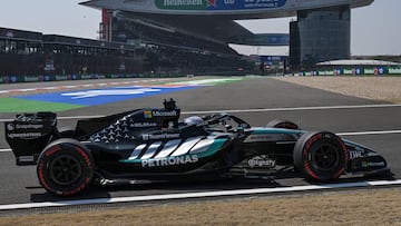 Mercedes' British driver George Russell drives during a practice session ahead of the Formula One Chinese Grand Prix at the Shanghai International Circuit in Shanghai on March 13, 2026. (Photo by GREG BAKER / AFP)