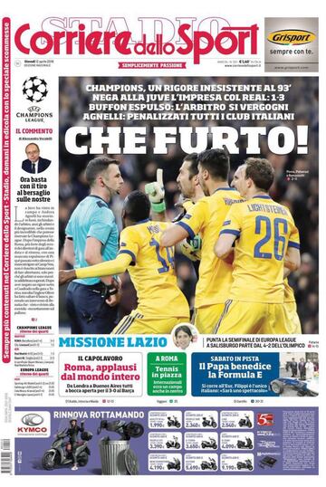 Corriere dello Sport (Roma, Italia): "Qué robo. Un penalti inexistente en el 93' niega a la Juventus la proeza contra el Real".