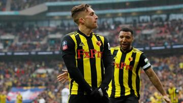 Gerard Deulofeu celebra su segundo gol contra el Wolverhampton, el tercero del Watford, en la semifinal de la FA Cup.