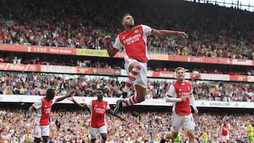 LONDON, ENGLAND - SEPTEMBER 11: Pierre-Emerick Aubameyang celebrates scoring for Arsenal during the Premier League match between Arsenal  and  Norwich City at Emirates Stadium on September 11, 2021 in London, England. (Photo by Stuart MacFarlane/Arsenal F