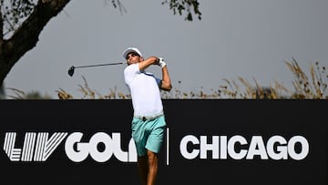 BOLINGBROOK, ILLINOIS - SEPTEMBER 13: Joaquin Niemann of the Torque GC plays his shot from the third tee during day one of LIV Golf: Chicago