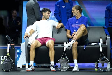 Team Europe's Carlos Alcaraz and Alexander Zverev during practice.