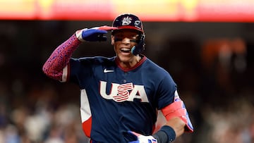 HOUSTON, TEXAS - MARCH 06: Aaron Judge #99 of the United States celebrates after hitting a two run home run during the first inning against Brazil during the 2026 World Baseball Classic Pool B game between the United States and Brazil at Daikin Park on March 06, 2026 in Houston, Texas. Kenneth Richmond/Getty Images/AFP (Photo by Kenneth Richmond / GETTY IMAGES NORTH AMERICA / Getty Images via AFP)