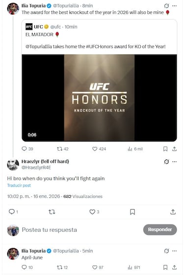 Ilia Topuria peleará entre abril y junio con Pimblett o Gaethje