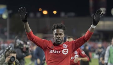 Oct 30, 2016; Toronto, Ontario, CAN; Toronto FC forward Tosaint Ricketts (87) acknowledges the crowd at the end of the Conference Semifinals against New York City FC at BMO Field. Toronto FC won 2-0. Mandatory
