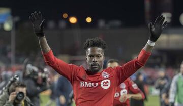 Oct 30, 2016; Toronto, Ontario, CAN; Toronto FC forward Tosaint Ricketts (87) acknowledges the crowd at the end of the Conference Semifinals against New York City FC at BMO Field. Toronto FC won 2-0. Mandatory