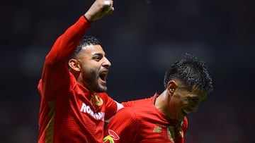 Nicolas Castro celebrates his goal 3-1 with Alexis Vega of Toluca during the 10th round match between Toluca and Monterrey as part of the Liga BBVA MX, Torneo Apertura 2025 at Nemesio Diez Stadium, on September 24, 2025 in Toluca, Estado de Mexico, Mexico.