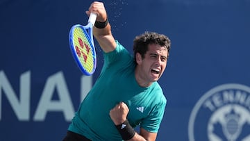 Jul 29, 2025; Toronto, ON, Canada; Jaume Munar (ESP) serves a ball to Francisco Cerundolo (not pictured) during the second round at Sobeys Stadium. Mandatory Credit: John E. Sokolowski-Imagn Images