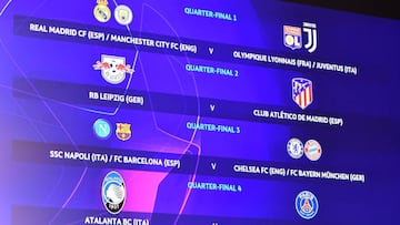 Nyon (Switzerland), 10/07/2020.- A handout photo made available by UEFA shows the fixtures of UEFA Champions League 2019/20 quarter-final draw at the UEFA headquarters, The House of European Football in Nyon, Switzerland, 10 July 2020. (Liga de Campeones,