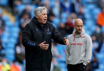 Carlo Ancelotti reacts during the Premier League match between Manchester City and Everton at Etihad Stadium on May 23, 2021.