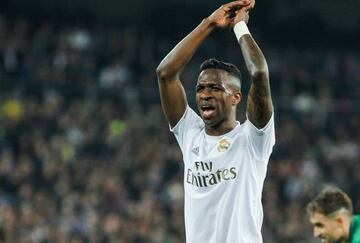 Vinicius Jr of Real Madrid gestures during the Copa del Rey match against Real Sociedad.