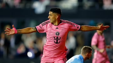 FORT LAUDERDALE, FLORIDA - FEBRUARY 21: Luis Suarez #9 of Inter Miami reacts after a goal scored by teammate Diego Gomez #20 (not pictured) during the second half against Real Salt Lake at Chase Stadium on February 21, 2024 in Fort Lauderdale, Florida.   Mike Ehrmann/Getty Images/AFP (Photo by Mike Ehrmann / GETTY IMAGES NORTH AMERICA / Getty Images via AFP)