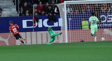 2-0. Balón al espacio para Bryan Zaragoza y en el mano a mano con Iñaki Peña, dribla al portero azulgrana pisando el balón para anotar el segundo gol rojillo.