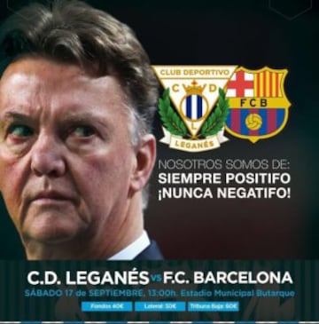 El cartel urbano anunciando el partido Leganés - Barcelona necesitó de tres borradores, desechados por ser politicamente incorrecto. Para al final decidirse por el irónico PARTIDO TRAMPA NO PODEMOS CONFIARNOS, que se ha convertido viral en las redes sociales