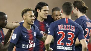 MONACO, MONACO - NOVEMBER 11: Edinson Cavani of PSG celebrates his second goal between Neymar Jr and Kylian Mbappe during the french Ligue 1 match between AS Monaco and Paris Saint-Germain (PSG) at Stade Louis II on November 11, 2018 in Monaco, Monaco. (P