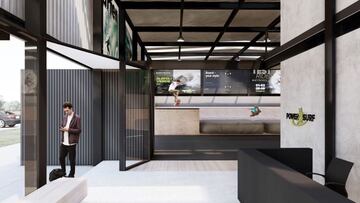 Recreación de un centor de entrenamiento de Power Surf, con un chico con una bolsa de deporte en la puerta mirando el móvil, un mostrador, el logo del método, varios skaters patinando al fondo y decorado todo con motivos de surf.