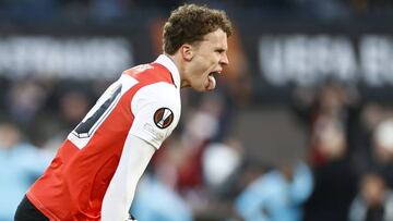 ROTTERDAM - Mats Wieffer of Feyenoord celebrates the 1-0 during the UEFA Europa League quarterfinal match between Feyenoord and AS Roma at Feyenoord Stadion de Kuip on April 13, 2023 in Rotterdam, Netherlands. ANP PIETER STAM DE JONGE (Photo by ANP via Getty Images)