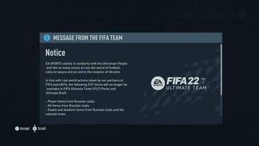 FIFA 22 elimina los equipos y jugadores rusos de los sobres de FUT