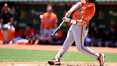 OAKLAND, CALIFORNIA - JULY 06: Adley Rutschman #35 of the Baltimore Orioles hits against the Oakland Athletics in the first inning at Oakland Coliseum on July 6, 2024 in Oakland, California.   Eakin Howard/Getty Images/AFP (Photo by Eakin Howard / GETTY IMAGES NORTH AMERICA / Getty Images via AFP)