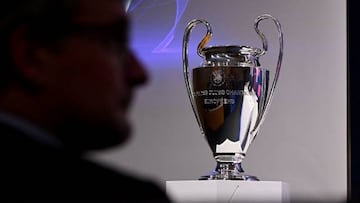 The UEFA Champions League trophy is pictured before the draw for the round of 16 of the 2022-2023 UEFA Champions League football tournament in Nyon on October 7, 2022. (Photo by Fabrice COFFRINI / AFP) (Photo by FABRICE COFFRINI/AFP via Getty Images)