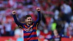 Messi celebrates after his team beat Sevilla 2-0 in the Copa del Rey Final at the Vicente Calderon Stadium on May 22, 2016 in Madrid, Spain.