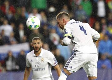 Sergio Ramos (right) scored a last-gasp equaliser in 2016 as Real Madrid beat Sevilla in the most recent all-Spanish Uefa Super Cup.
