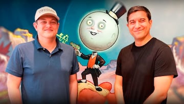 Brandon Adler y Matthew Singh con la portada de The Outer Worlds 2 de fondo