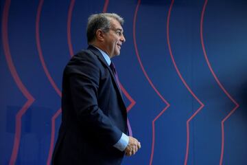 Barcelona's Spanish President Joan Laporta leaves after addressing a press conference in Barcelona on October 29, 2021, on the eve of their Spanish league football match against Deportivo Alaves. - Barjuan will be in charge at Camp Nou after Koeman's sack